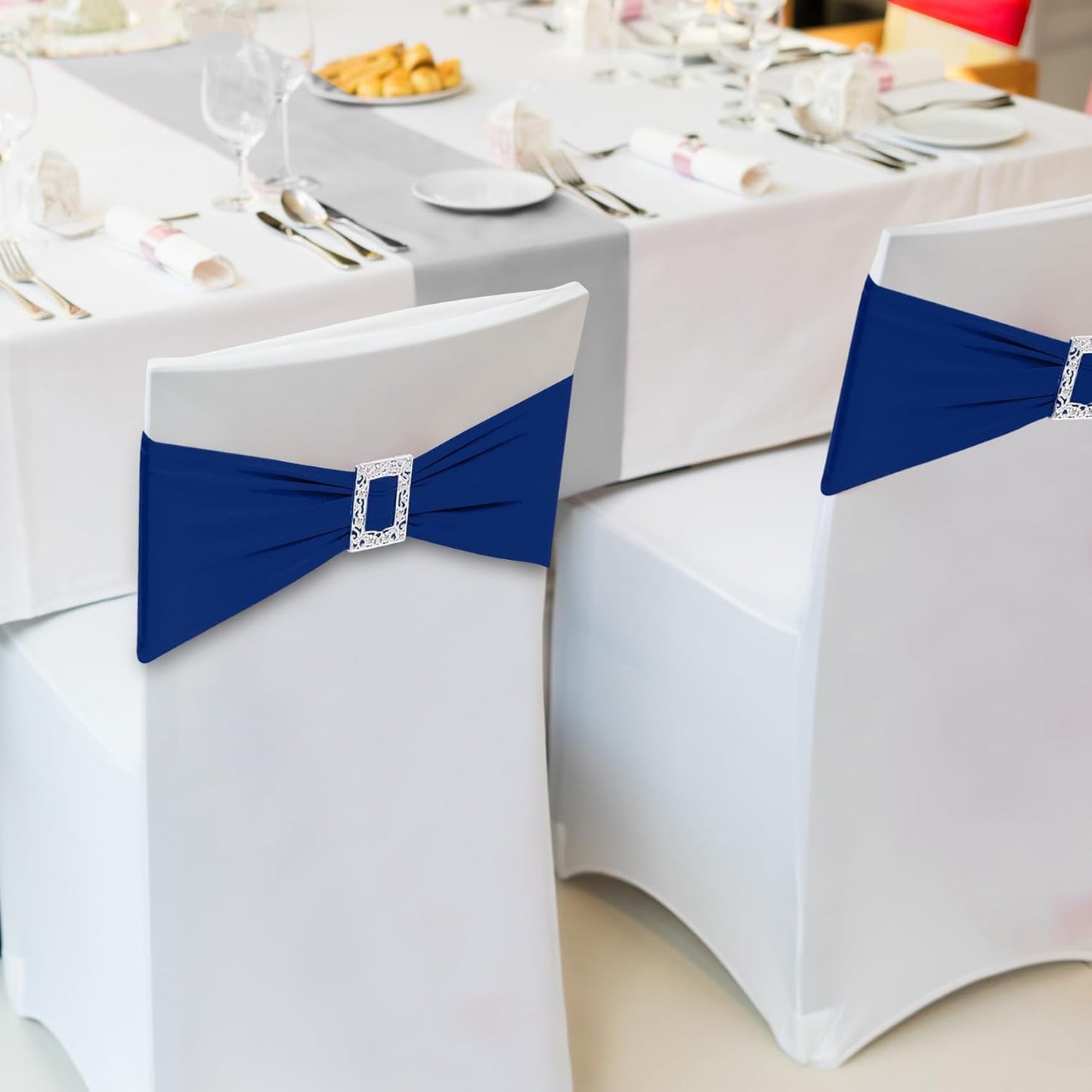 Joccun 30 PCS Spandex Chair Sashes Bows Stretch Chair Cover Band with Buckle Slider Universal Elastic Chair Ties for Wedding Banquet Party Event Decoration (Navy)