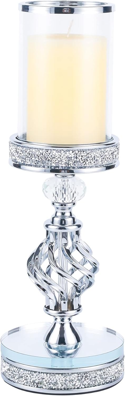 Hanjue Crystal Candle Holders for Pillar Candle, Metal Crystal Candle Holder for Home Decor, Centerpieces, Coffee Dining Table CH0509 (Silver (M))