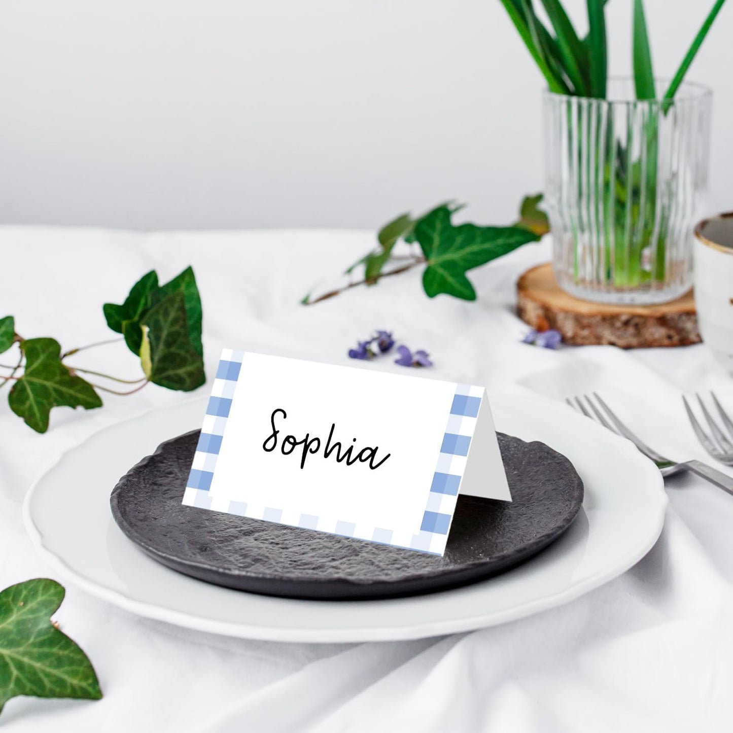25 Pack Blue Border Place Cards, Editable Name Cards for Table Setting, Tent Cards Food Label for Dinner Party, Bridal Shower, Wedding, Baby Shower and Events -T02