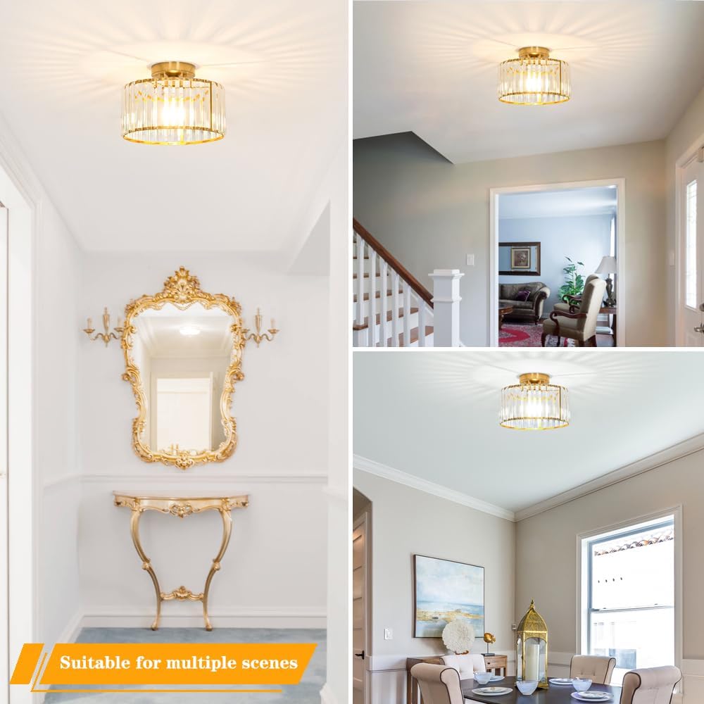 Crystal Ceiling Light Fixture, Modern Semi Flush Mount Ceiling Light, Gold Hallway Lighting Fixtures Chandelier for Kitchen, Close To Ceiling Light Fixtures for Entryway Bedroom, 1-Light, 11Inch