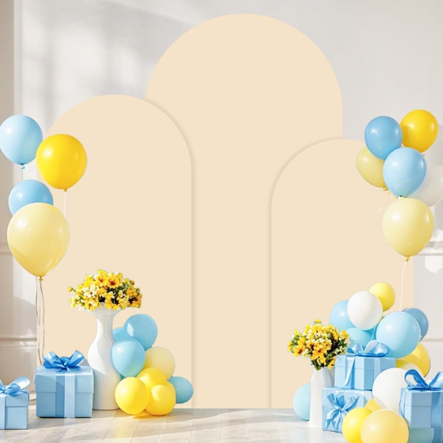 FOTSHARER Wedding Arch Stand and Cover Set of 3 Gold Arch Backdrop Stand with Beige Arch Covers 7.2FT 6.6FT 6FT Background Arch Stand for Garden Arbor Wedding Backdrop Stand Party Anniversary Decor