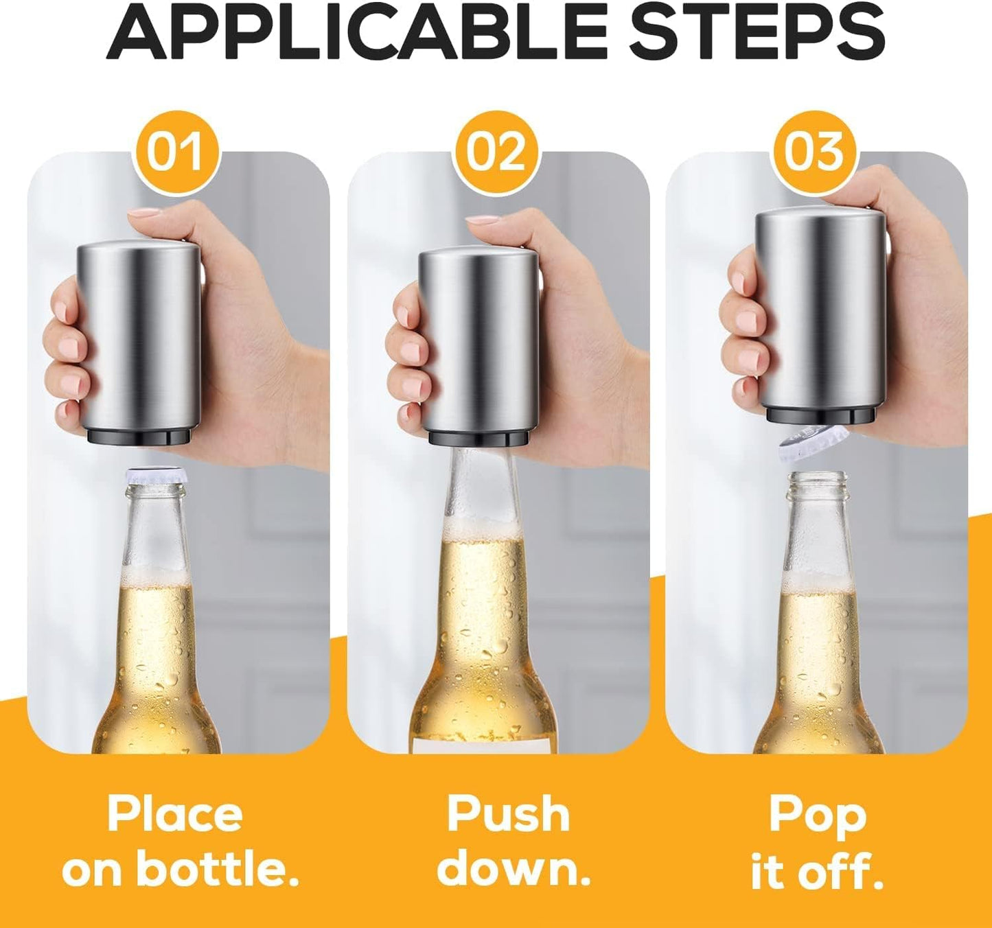 6 Pack Premium Beer Bottle Opener (Silver), Automatic Bottle Openers, Stainless Steel Push Down Beer Opener, No Damage to Bottle Cap, Portable Pop the Top Bottle Opener for Home Bars Camping Party