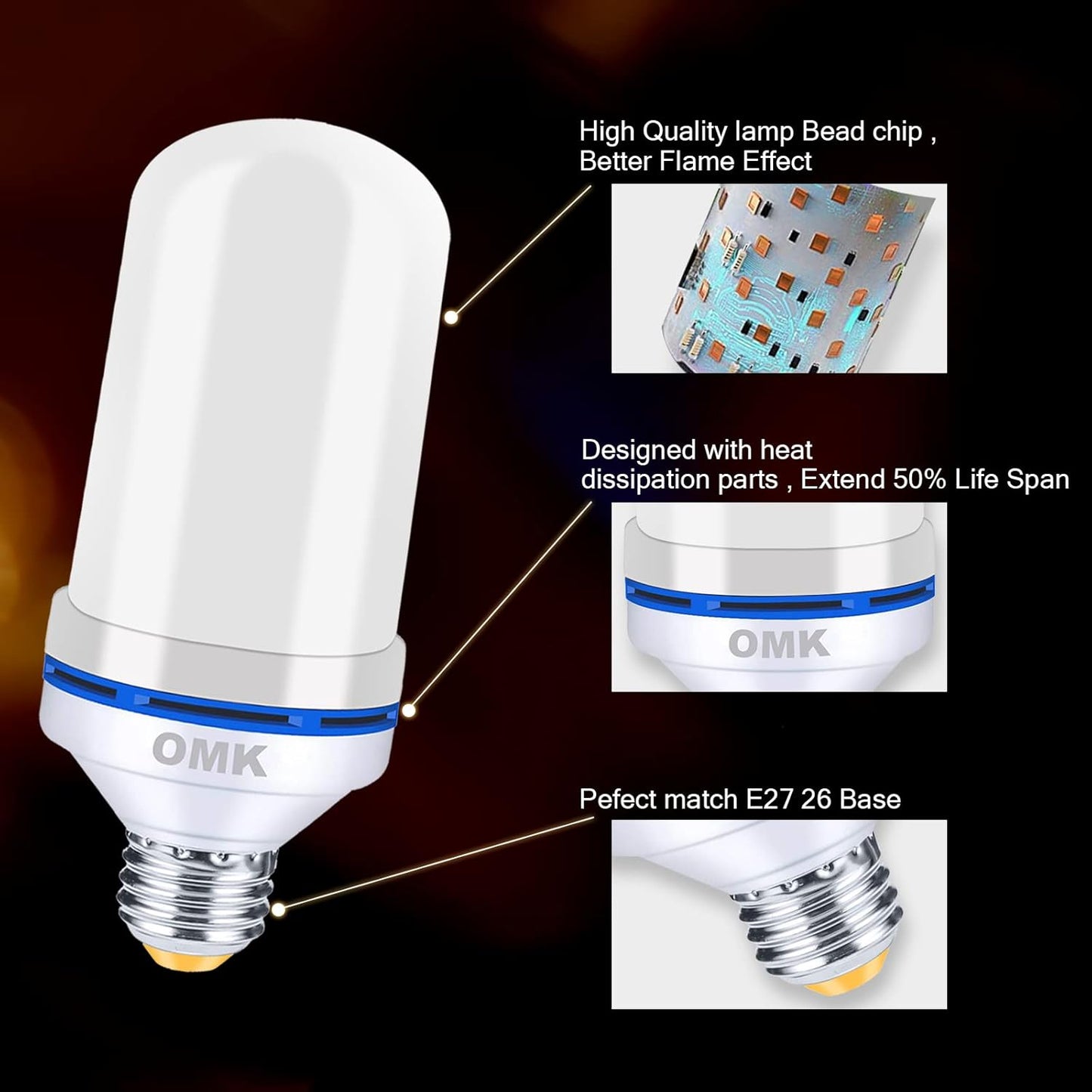 OMK Upgraded Pink LED Flame Light Bulb - Flickering E26 Base With Gravity Sensing for Indoor Outdoor Use, Holiday Christmas Vintage Flame Decorations