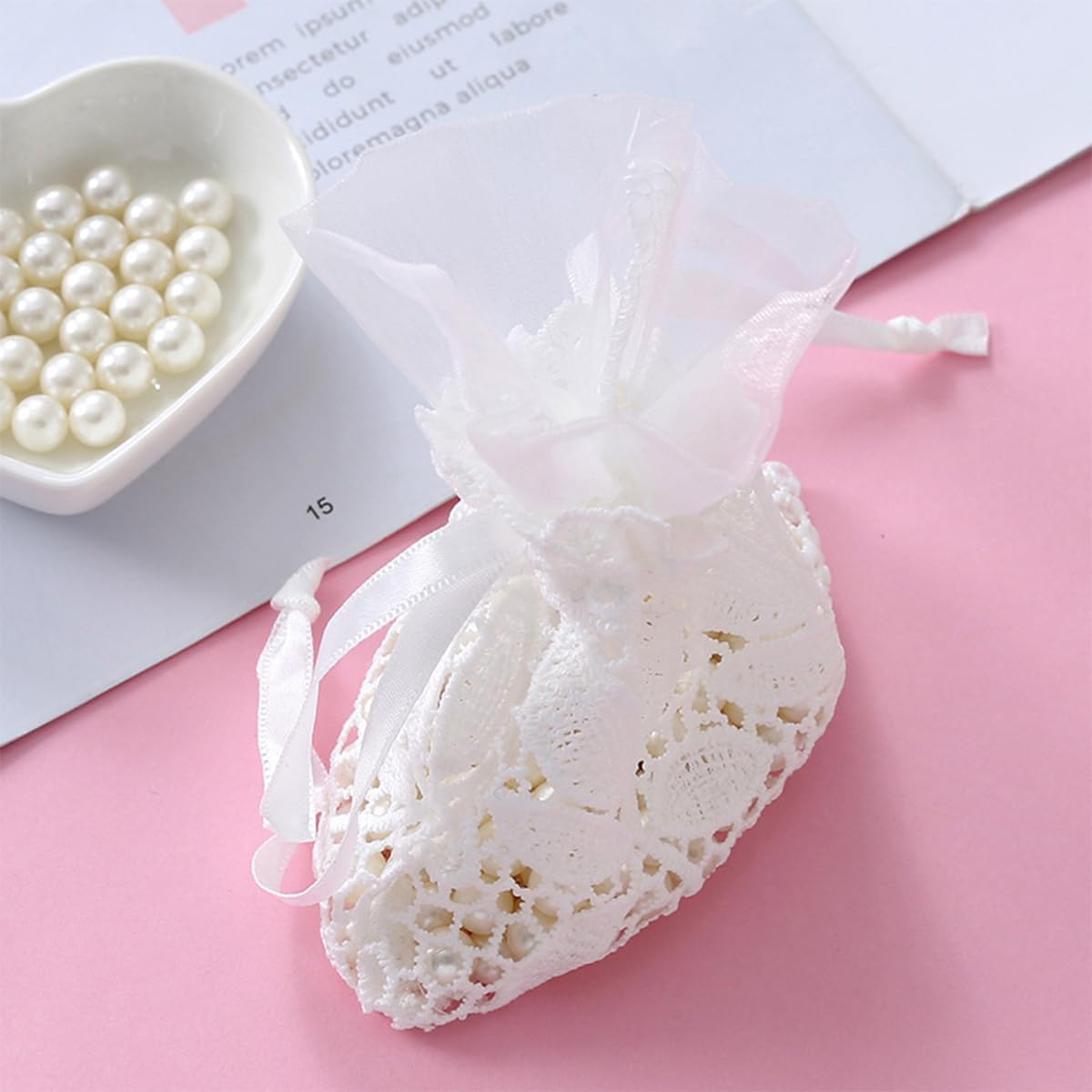Petunny 6Pcs White Lace Drawstring Bags,Cotton Drawstring Gift Bags Embroidered Jewelry Pouch for Wedding Birthday Christmas Parties(3.9x5.5Inch)