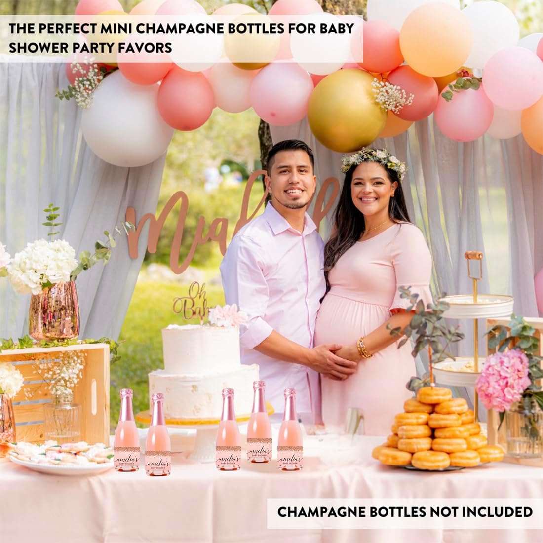 Andaz Press Personalized Mini Champagne Wine Bottle Labels, Amelia's Baby Shower, Blush Pink Faux Rose Gold Glitter Elegant, 20-Pack, Custom Party Favor Gift Label Stickers Baby Shower