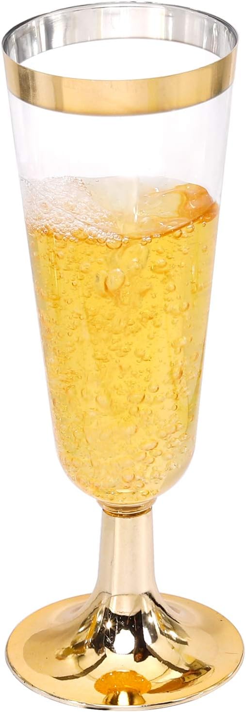 I00000 Gold Champagne Flutes 50 PACK, 5 Oz Disposable Champagne Glasses, 2-Piece Plastic Toasting Glasses for Celebration, Wedding or Parties