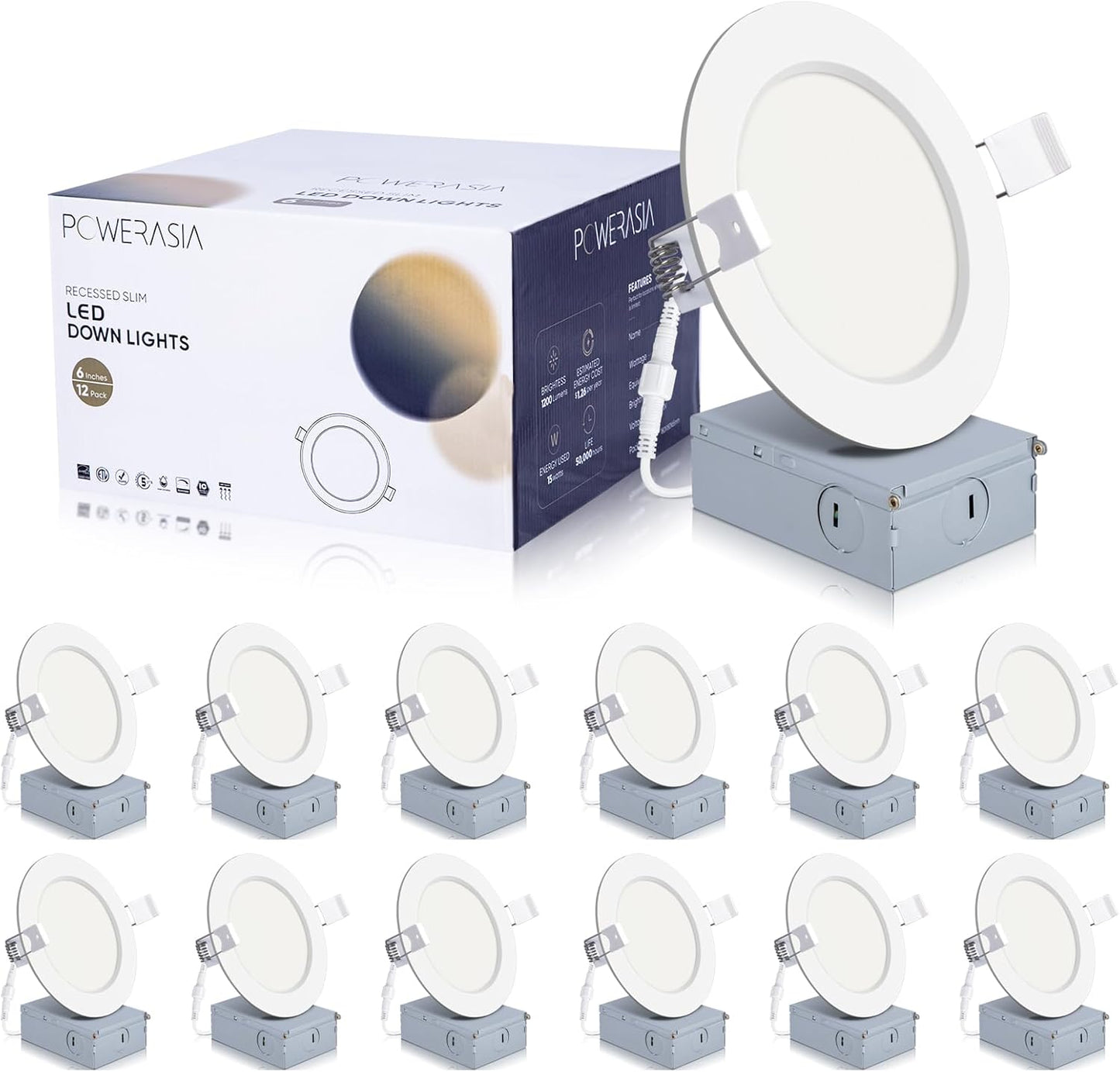 12 Pack 4 Inch Ultra-Thin LED Recessed Ceiling Light with Junction Box, Recessed Lighting 4 Inch 6000K Dimmable Clear White, 9W 110W Eqv, 850LM High Brightness - ETL and Energy Star Certified