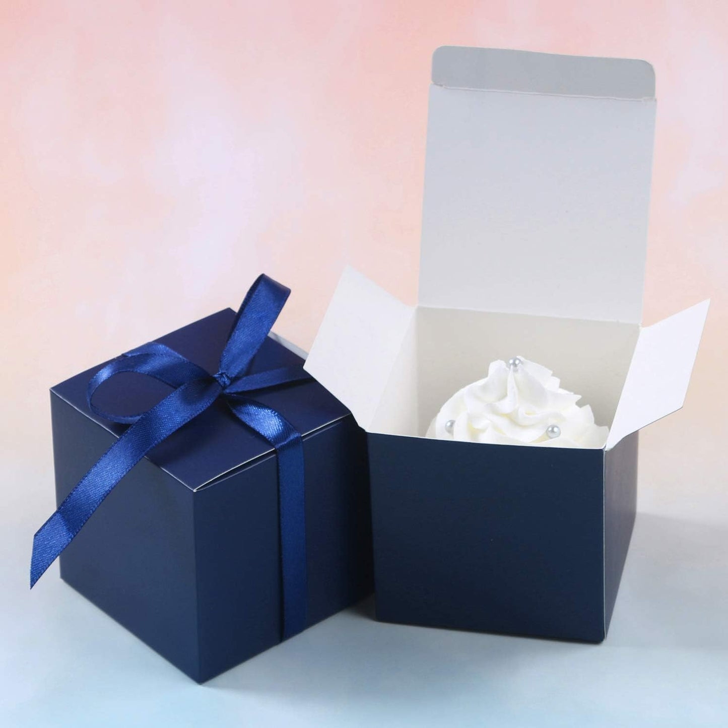COTOPHER 60pcs Wedding Favor Boxes, Paper Gift Boxes 3x3x3 Inches Small Gift Boxes with Ribbons Small Boxes for Gifts, Crafting, Cupcake, Candy, Bridesmaid Proposal Boxes，Easy Assemble Boxes (Navy)