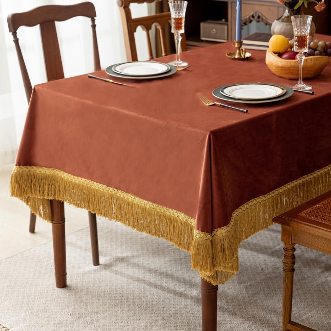 F-CHU Luxury Burnt Orange Tablecloth Thickset Velvet Tablecloth with Beautiful Gold Tassels Vintage Table Cloth for Home Decor Wedding, Party, Banquet and Events 67x120-Inch