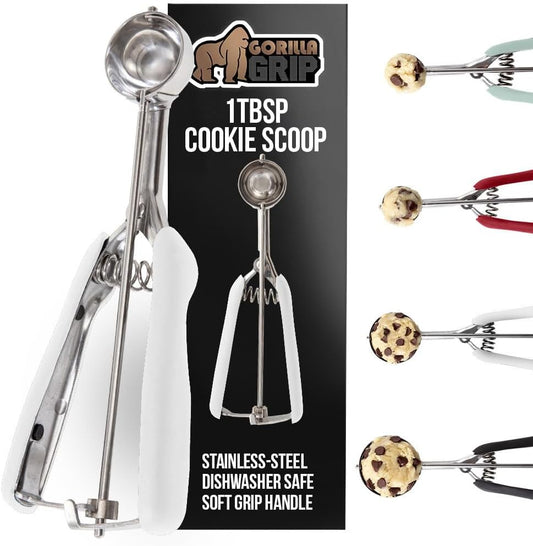 GORILLA GRIP Stainless Steel Multipurpose BPA-Free Spring Scoop, 1 TBSP, Melon Ballers, Cookie Dough Scoops, Perfect Portion Sizes, Easy Squeeze and Clean Release, Scooper Size 60, White