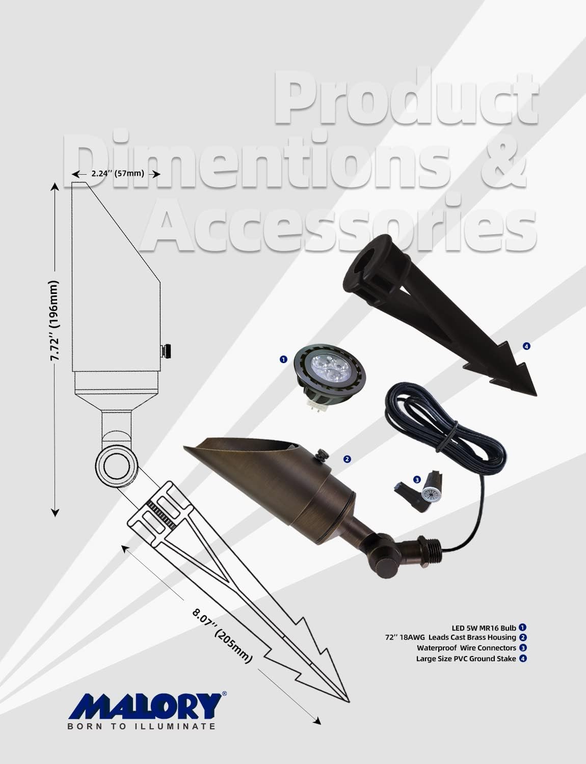 MALORY Brass Landscape Spotlight 1-Pack with MR16 Bulb Kit(S04), Low Voltage 12V AC/DC Shroud Adjustable Outside Yard Lighting,PVC Ground Stake and Wire Connector Included, 5W 2700K Warm White