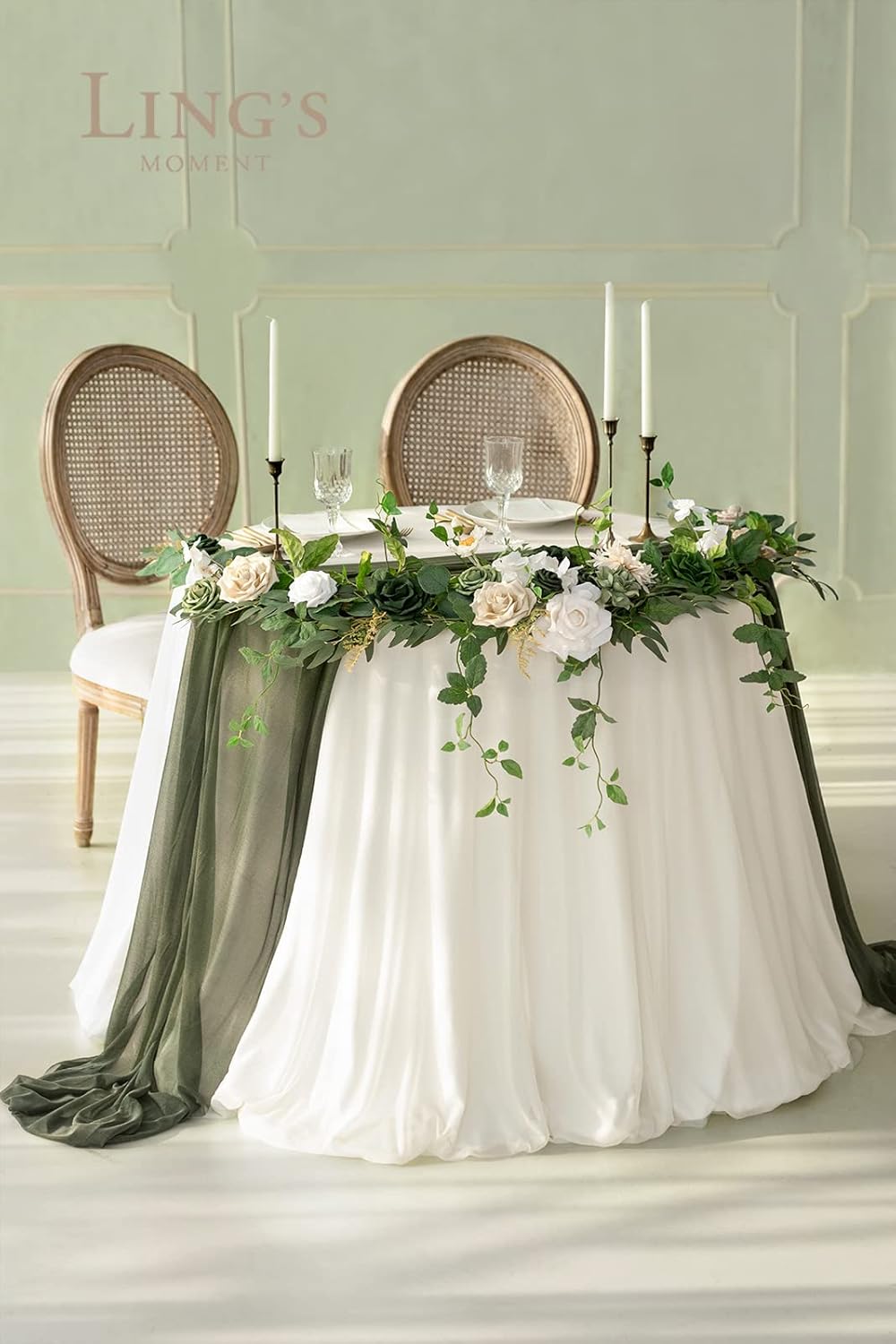Ling's Moment Summer Green Flower Garland - 6FT Eucalyptus & Rose - Sweetheart Table Decor for Wedding Reception, Artificial Floral Garland for Mantle, Christmas Decoration, Emerald & Tawny Beige