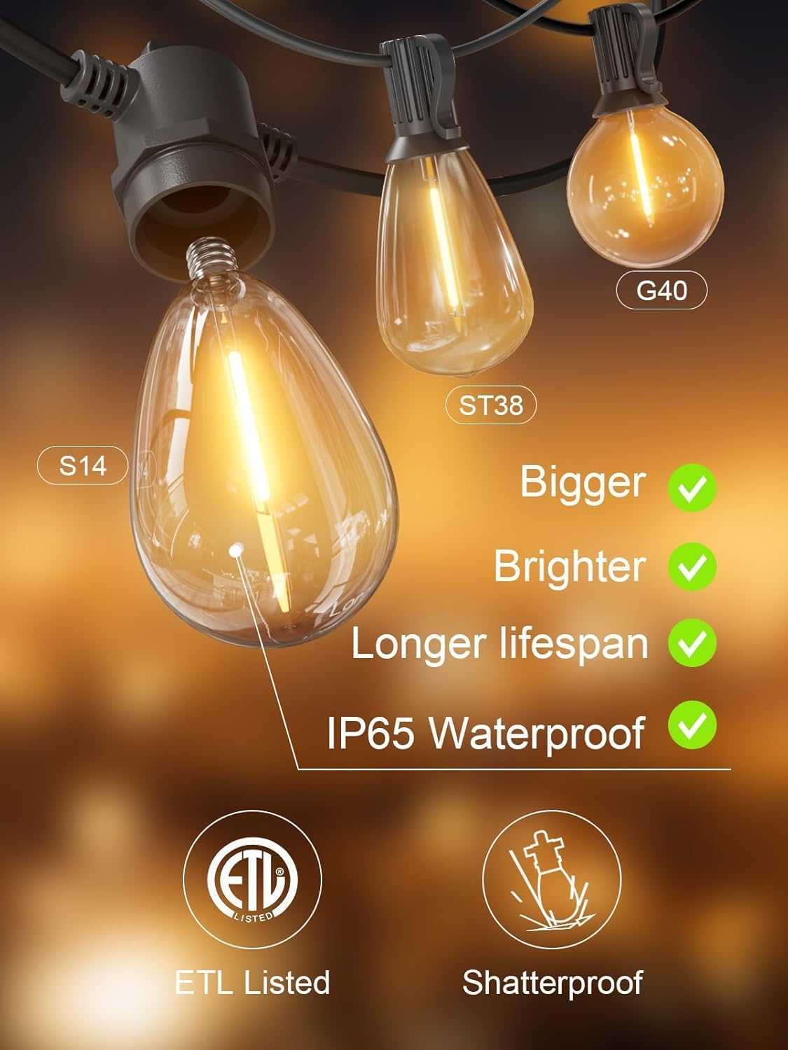 Svater Outdoor String Lights LED 25 FT, Patio Lights for Outside Waterproof IP65 with Shatterproof LED Bulbs, Cafe Bistro Backyard Balcony Hanging Light Warm White