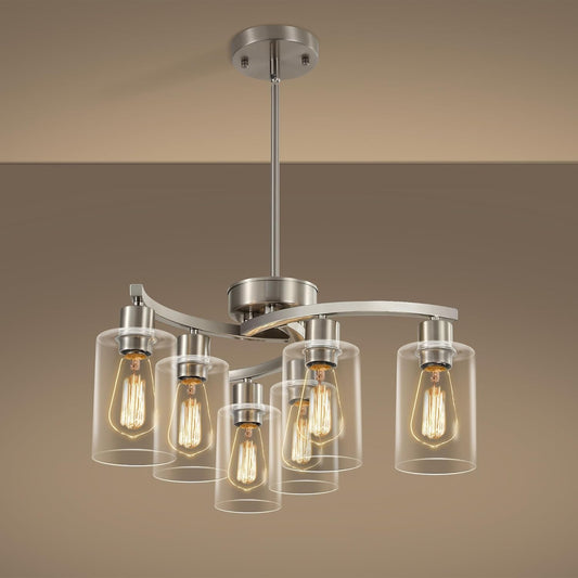 6-Light Brushed Nickel Chandeliers for Dining Room Light Fixtures Over Table, Adjustable Height Hanging Industrial Pendant Lighting for Kitchen Island Bedroom, Clear Glass Shade