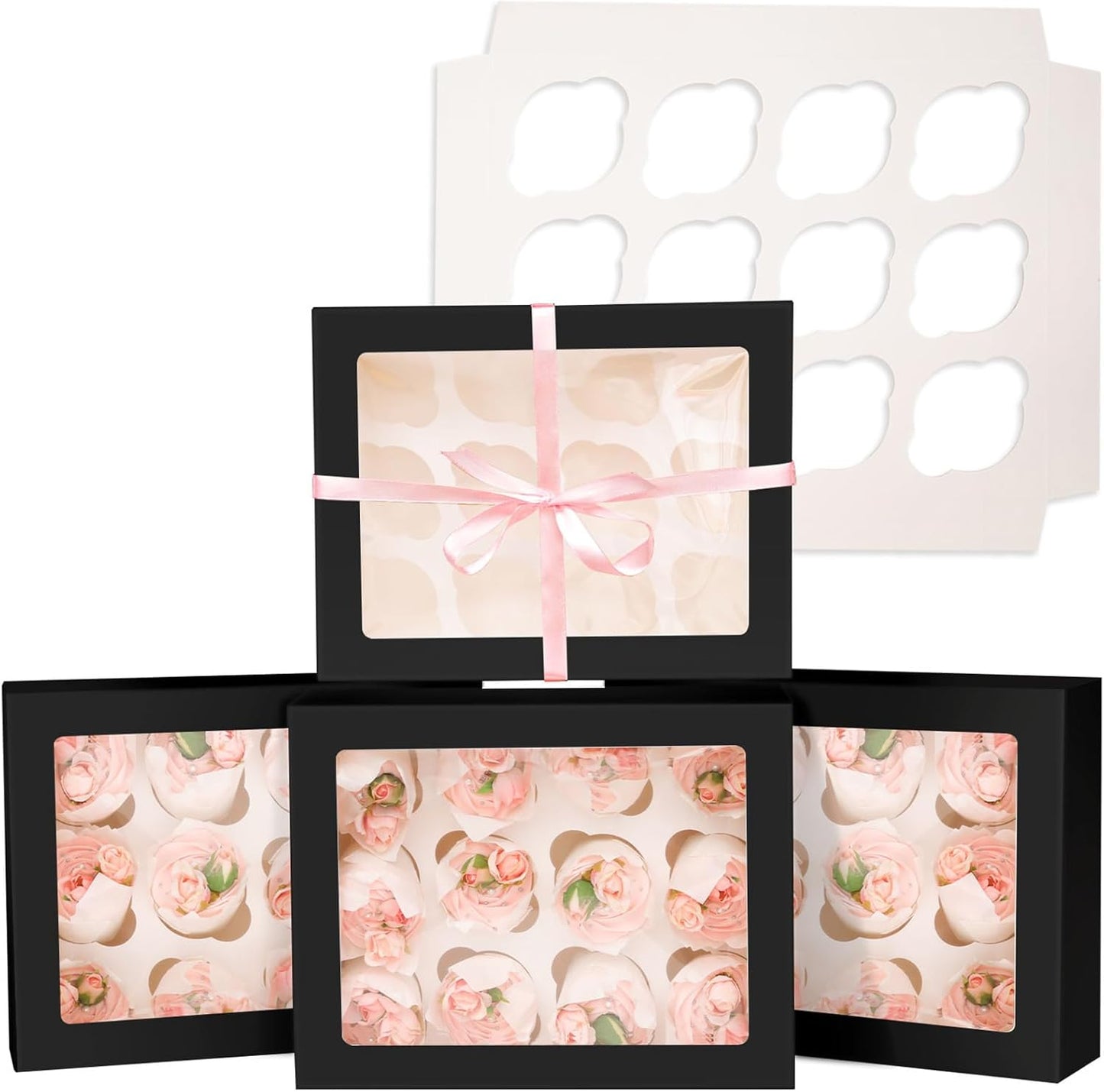 12 Cupcake Containers 20-Packs Black Cupcake Box Cupcakes Carrier, 12 Cupcake Boxes with Window 13"x10"x3.5"（Auto-pop up）