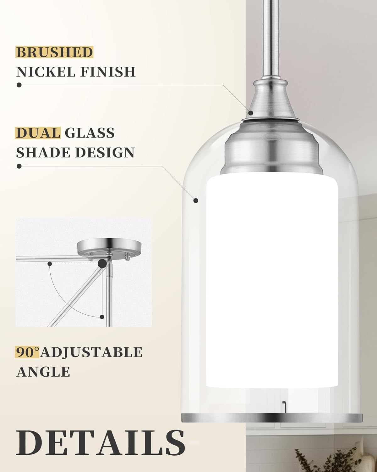 LIROUVET Modern Pendant Lights - Dual Glass Pendant Lights Kitchen Island, Brushed Nickel Hanging Lamp with Clear and Milk Glass, 1=Light Pendant Lighting for Kitchen, Dining Room, PL02BN