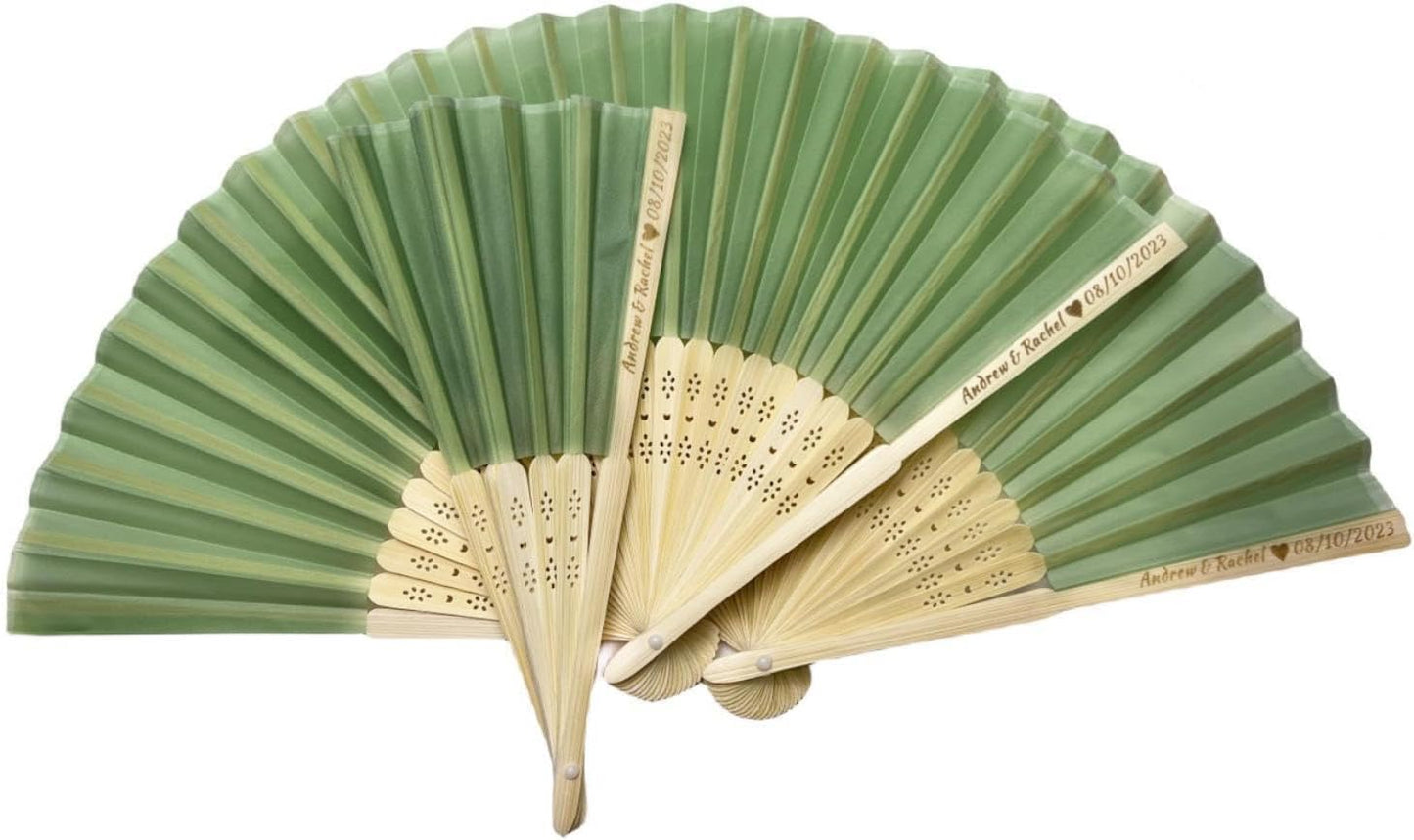 Personalized Wedding Fans Handheld Folding Fans (5Pcs) - Custom Engraved Green Silk Fans for Bridal Shower Favor/Baby Shower Favor, Birthdays Party Gifts/Gifts for Party Guests