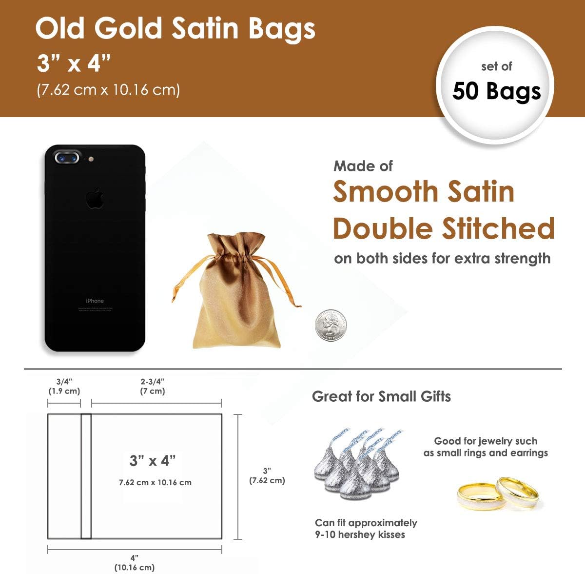 3" x 4" Old Gold Satin Gift Bags, Jewelry Bags, Wedding Favor Drawstring Baby Shower Christmas 50 per Pack