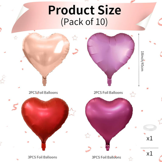 Rose Gold and Pink Heart Balloons, 18 Inch Hot Pink Heart Shape Balloons Foil, 10 Pcs Rose Gold Pink Heart Balloon for Girls Women Valentines Day Birthday Wedding Baby Shower Bridal Party Decorations