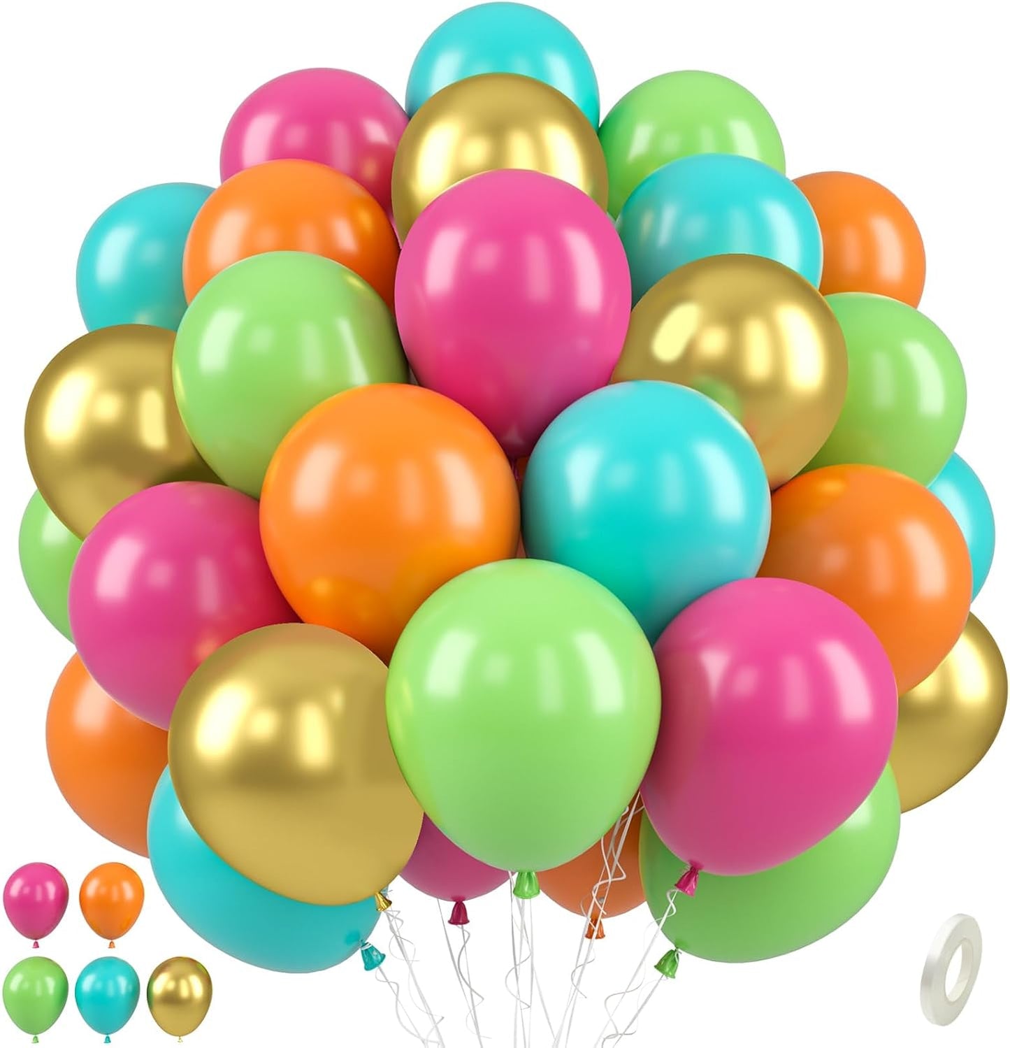 Paready Tropical Balloons Set, 50 Pcs Hawaiian Party Balloons, 12 Inch Hot Pink Orange Teal Green Metallic Gold Latex Balloons Colorful Helium for Baby Shower Summer Party Pool Beach Party Decorations