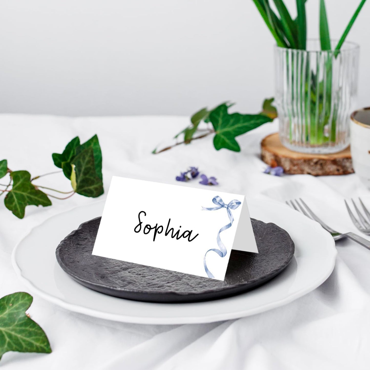 25 Pack Blue Bow Place Cards, Editable Name Cards for Table Setting, Tent Cards Food Label for Dinner Party, Bridal Shower, Wedding, Baby Shower and Events -T27