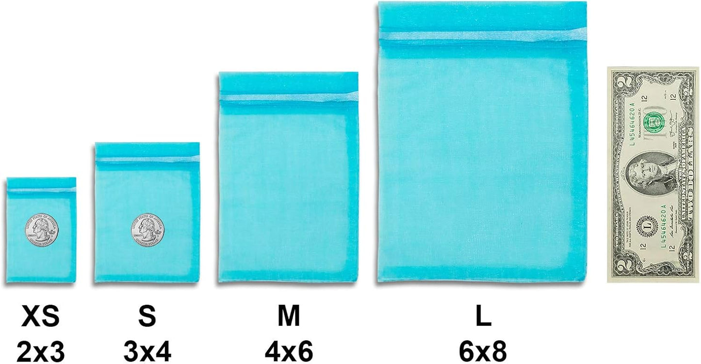 TheDisplayGuys 48-Pack 2" x 2-3/4" Turquoise Blue Sheer Organza Gift Bags with Drawstring, Jewelry Candy Treat Wedding Party Favors Mesh Pouch