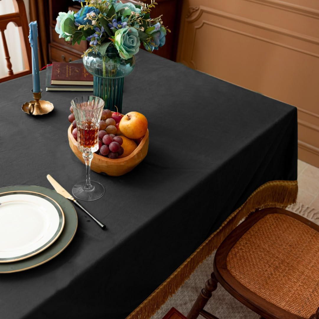 F-CHU Luxury Black Tablecloth Thickset Velvet Tablecloth with Beautiful Gold Tassels Vintage Table Cloth for Home Decor Wedding, Party, Banquet and Events 67x120-Inch
