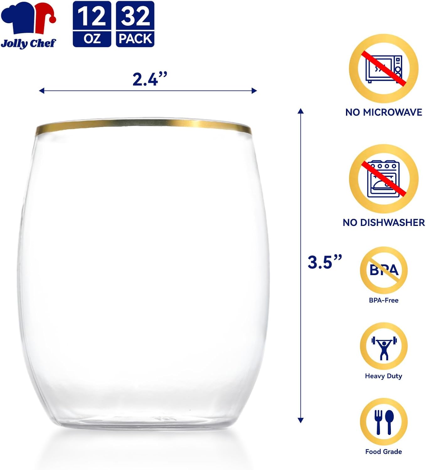 JOLLY CHEF 32 Pack 12oz Gold Plastic Wine Glasses Stemless, Disposable Wine Cupsty, Disposable Plastic Wine Cups for Party, Halloween, Christmas