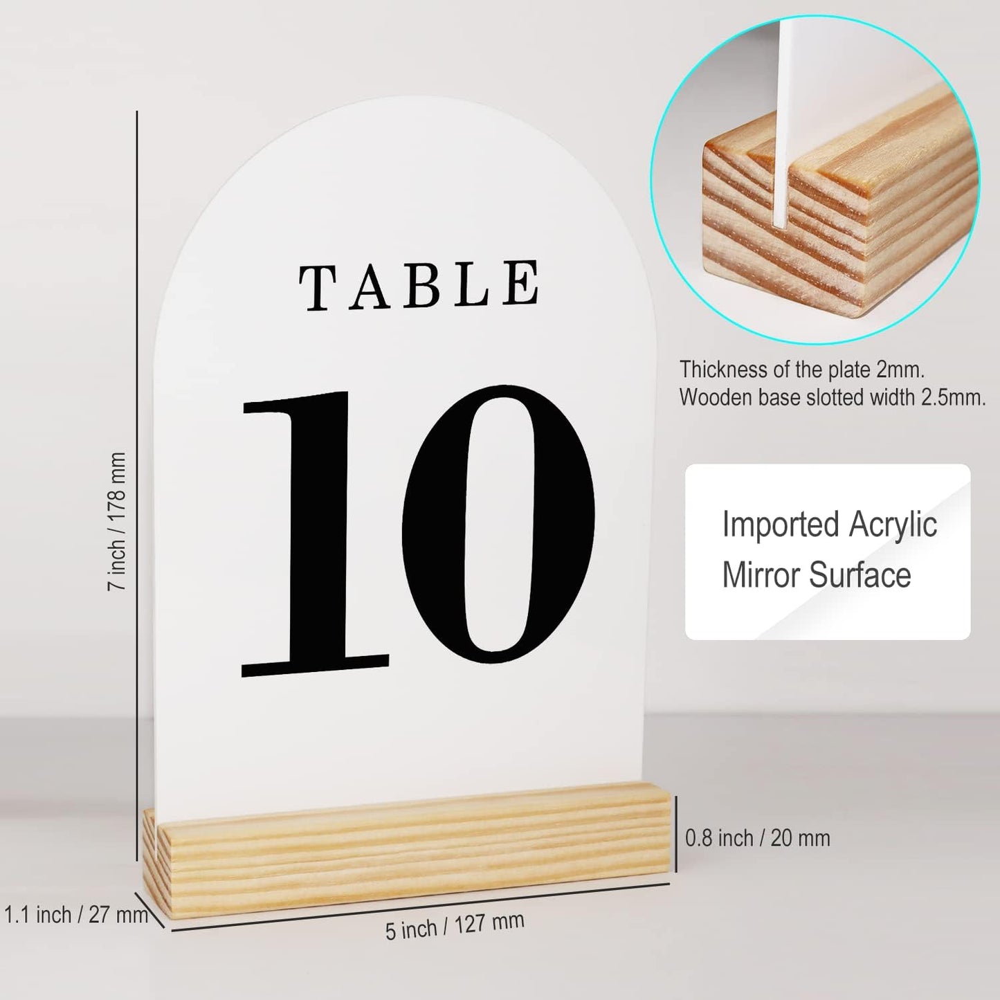 Wedding Table Numbers 1-10, Acrylic Arch Signs with Natural Wood Stands Holders, Rustic Table Decor for Reception & Parties (White Black)