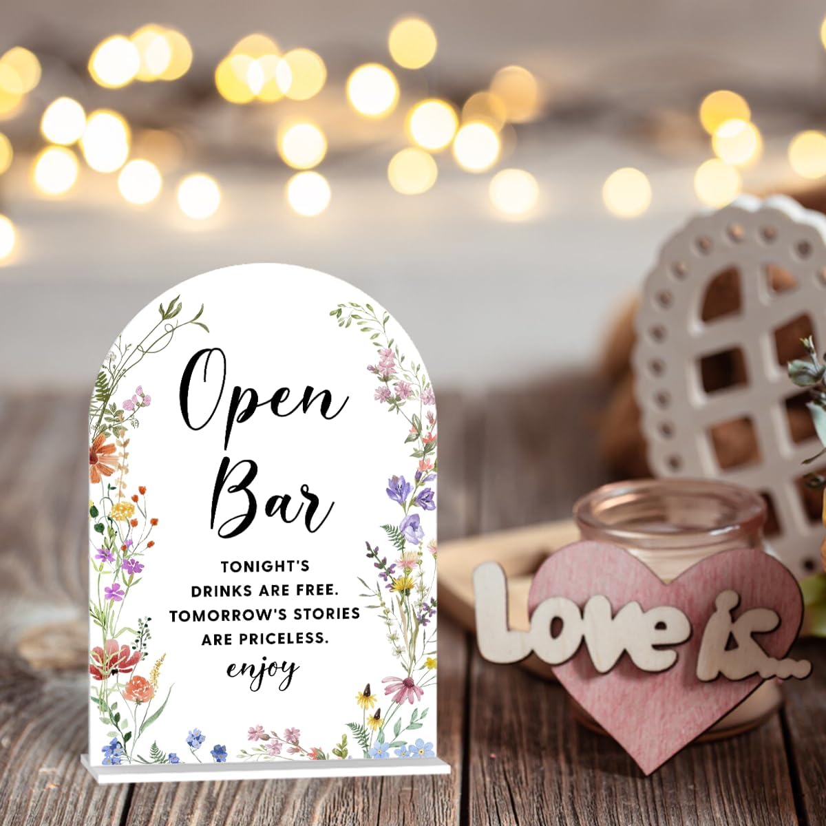 Acrylic Wedding Signs, Open Bar Signs for Marriage Reception, Bridal Shower Decorations, Modern Arched Round Top Acrylic Table Top Sign with Holder for Wedding Party Dinner (White Wildflowers)