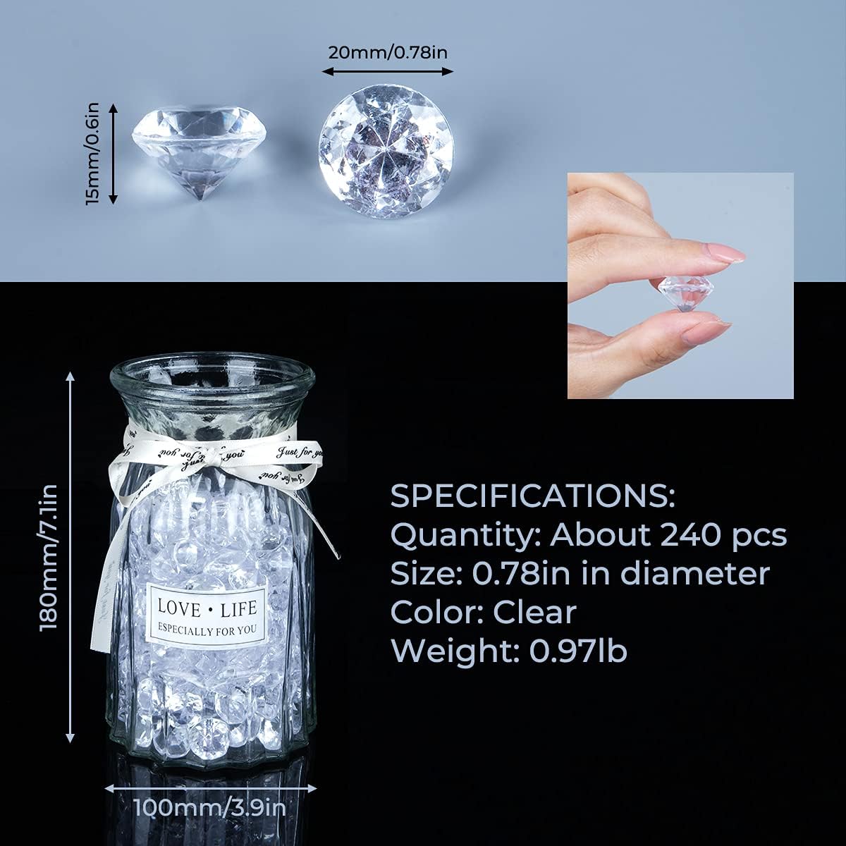 Babenest Acrylic Diamond Fake Gems Vase Filler, 240pcs 3/4 Inch Faux Diamonds Crystals Jewels for Table Scatters Wedding Party Event Arts & Crafts Birthday Decoration Favor (Clear)