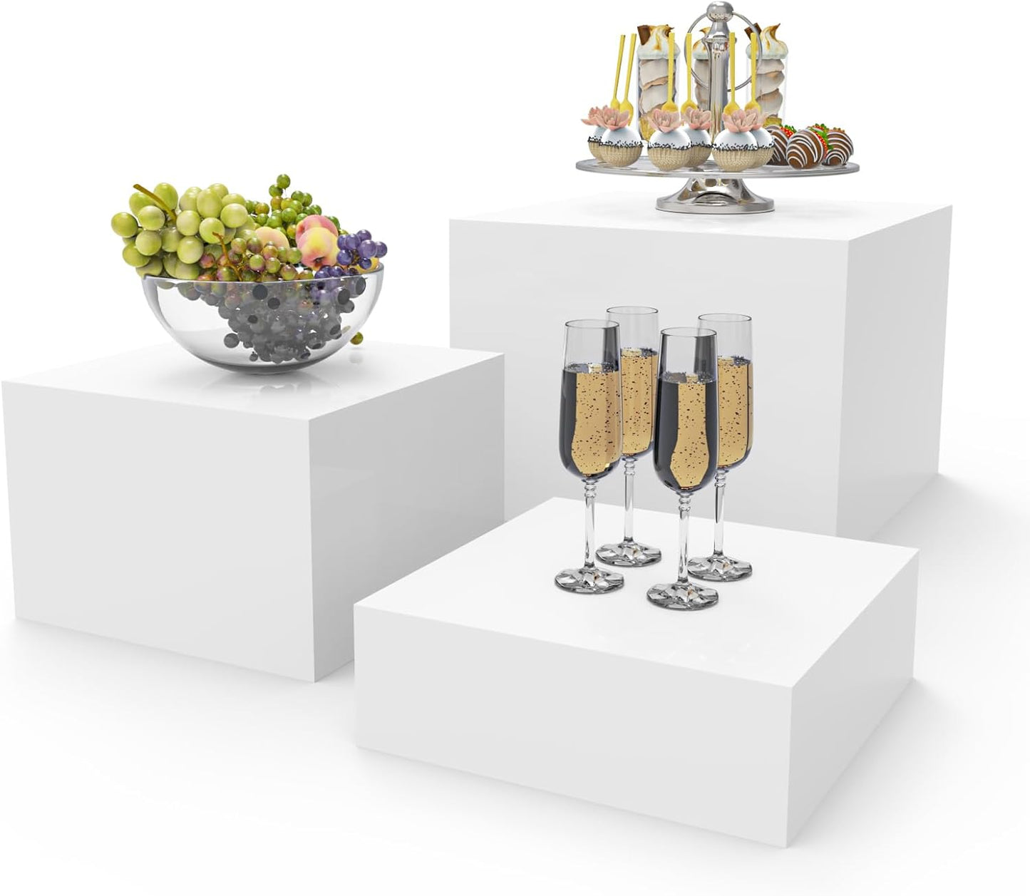PecMuikee Buffet Risers, Food Risers for Buffet Table, Display Stand Shelf for Catering Dessert Collectibles Jewelry Figures Show, Acrylic Cube Display Nesting Risers with Hollow Bottoms 3PCS