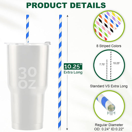10 inch Long Disposable Paper Straws Bulk for Drinking - Unwrapped, 8 Assorted Colors [600 Counts]