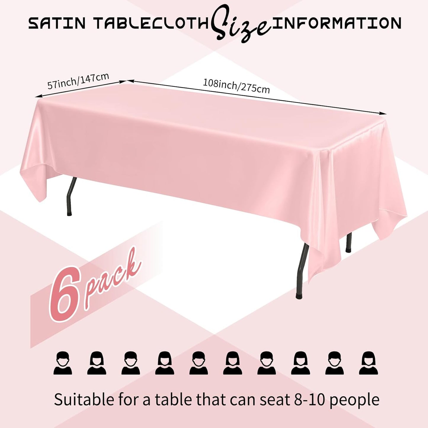 6 Packs Satin Tablecloth 57 x 108 Inch Rose Gold Rectangular Table Cloth Silk Tablecloth Smooth Fabric Overlay Satin Table Cover Decoration for Wedding Party Banquet Events