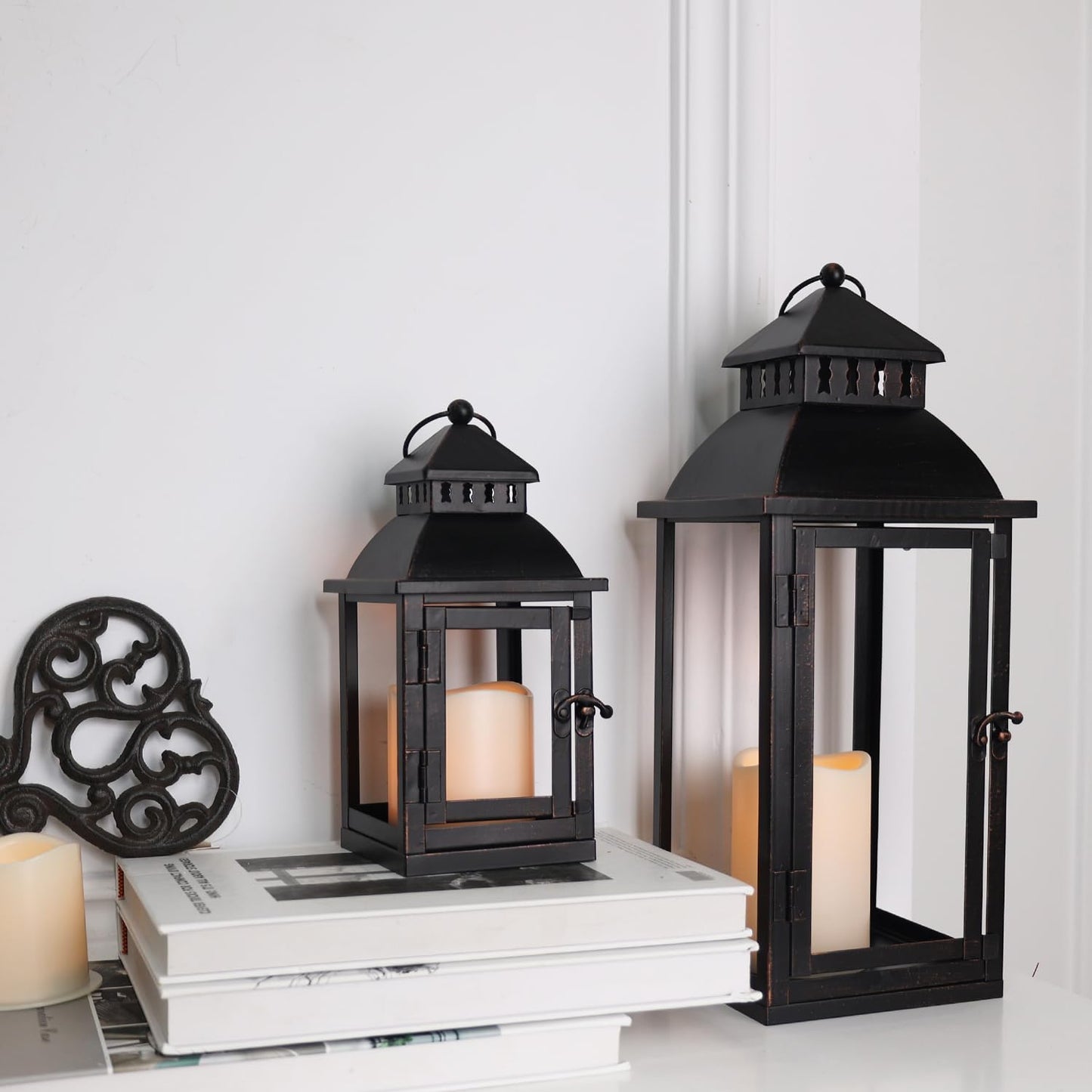 NEEDOMO LED Lanterns Decorative Outdoor&Indoor, Set of 2 Large Bronze Metal Lantern Decor with LED Candle, Lantern Decor for Porch, Patio, Garden, Balcony, Wedding, Spring Decorations (NO Glass)