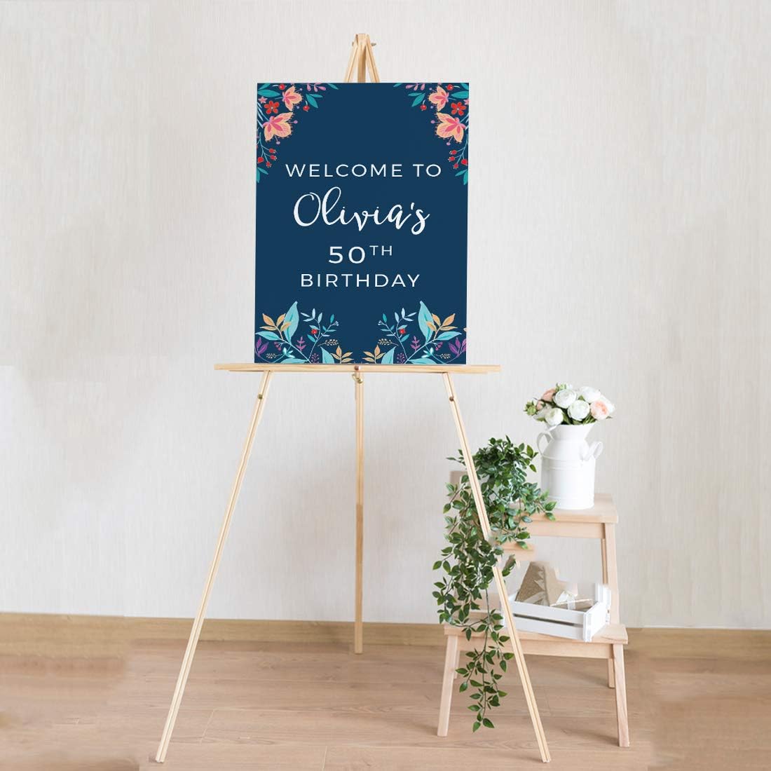 Andaz Press Personalized Extra Large Birthday Easel Board Party Sign, 12x18-inch, Vintage Bohemian Flowers on Navy Blue, Welcome to Olivia's 50th Birthday, 1-Pack, Custom Name Age