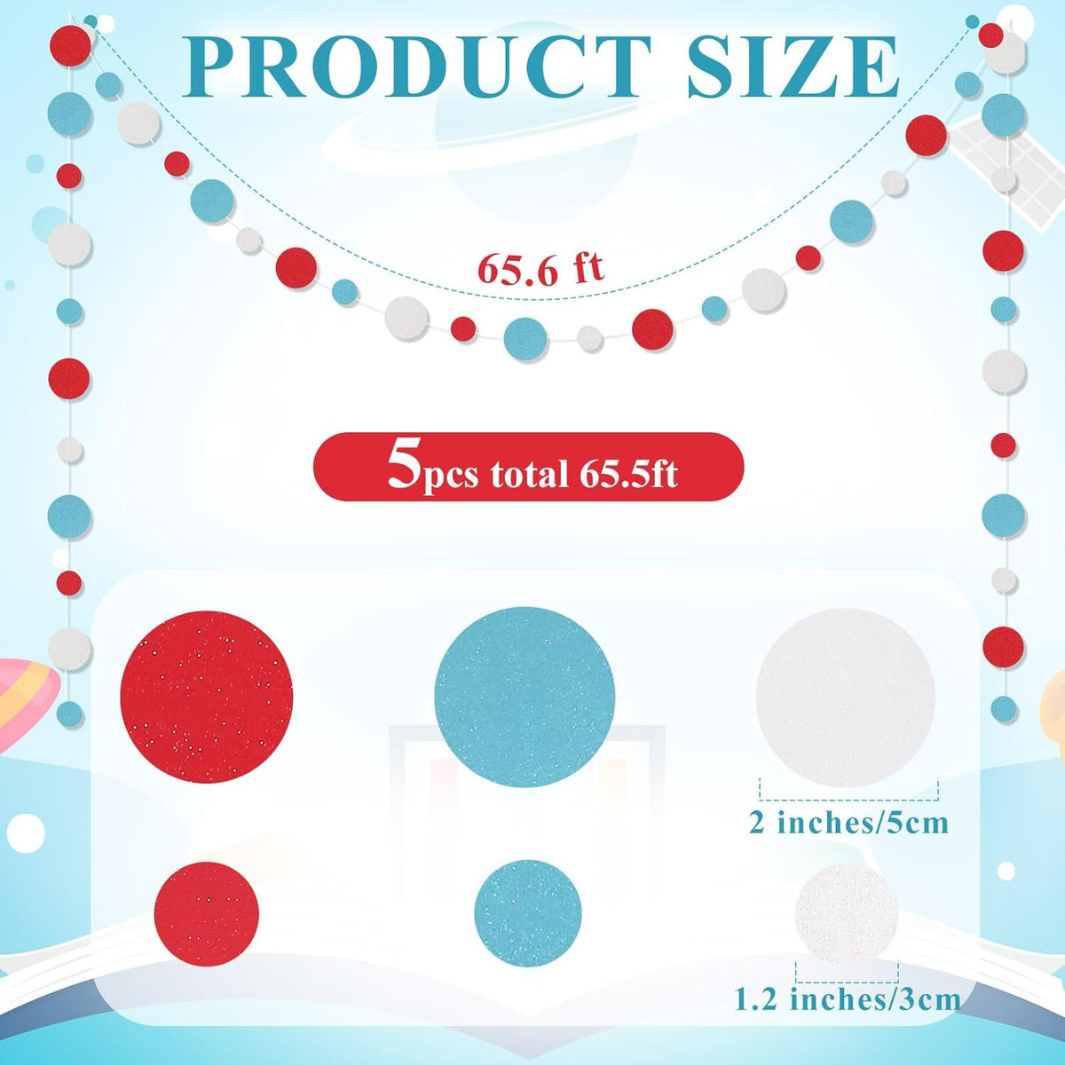 Outus 5 Pieces Colorful Dots Paper Garland Round Glitter Garland Hanging Confetti Streamers Backdrop for Candy Birthday Classroom Halloween Trunk or Treat Car Decoration (Light Blue,White,Red)