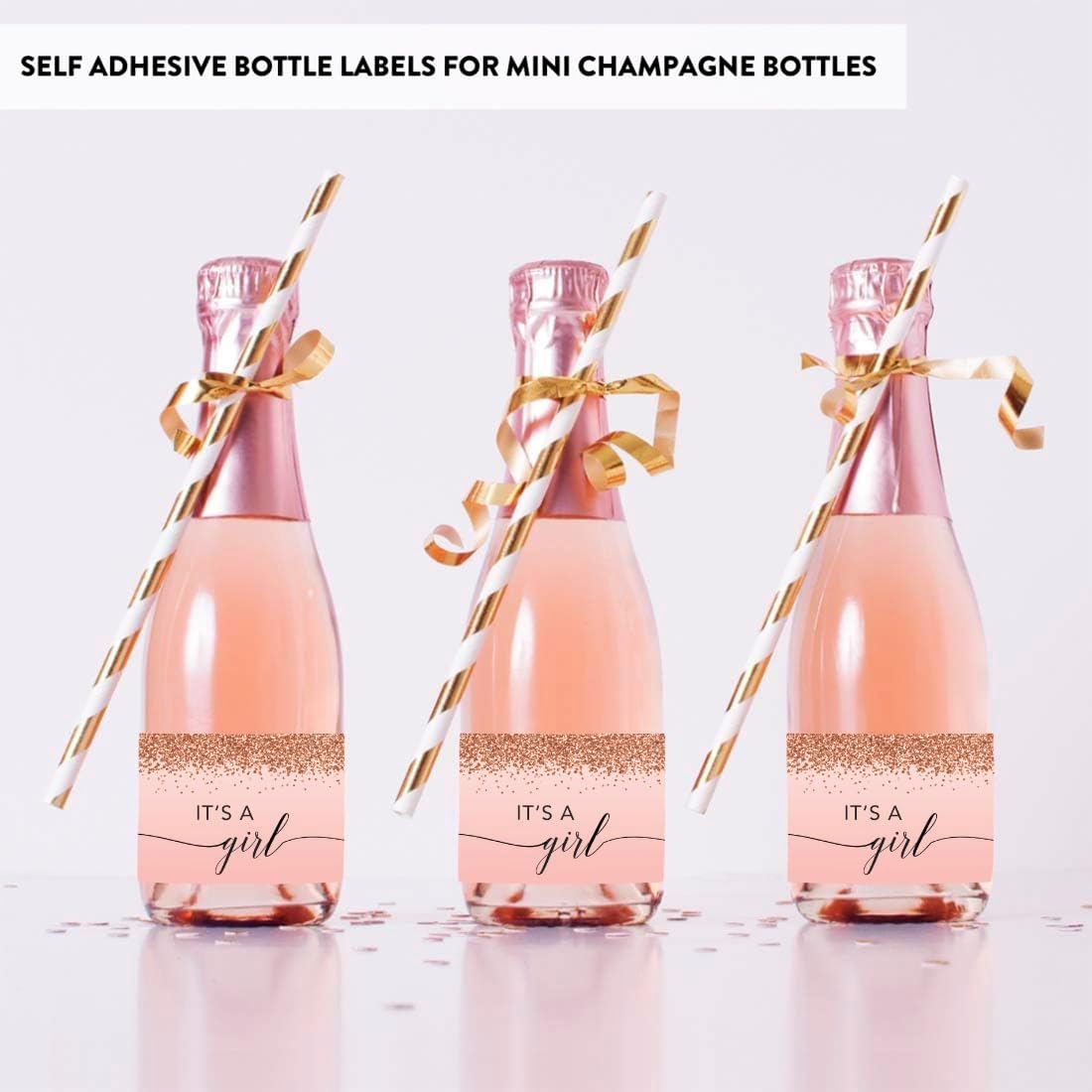 Andaz Press Mini Champagne Wine Bottle Baby Shower Labels, It's A Girl!, Blush Pink Faux Rose Gold Glitter Elegant, 20-Pack, Mini Champagne Bottles Baby Shower Mini Wine Bottle Labels Baby Shower