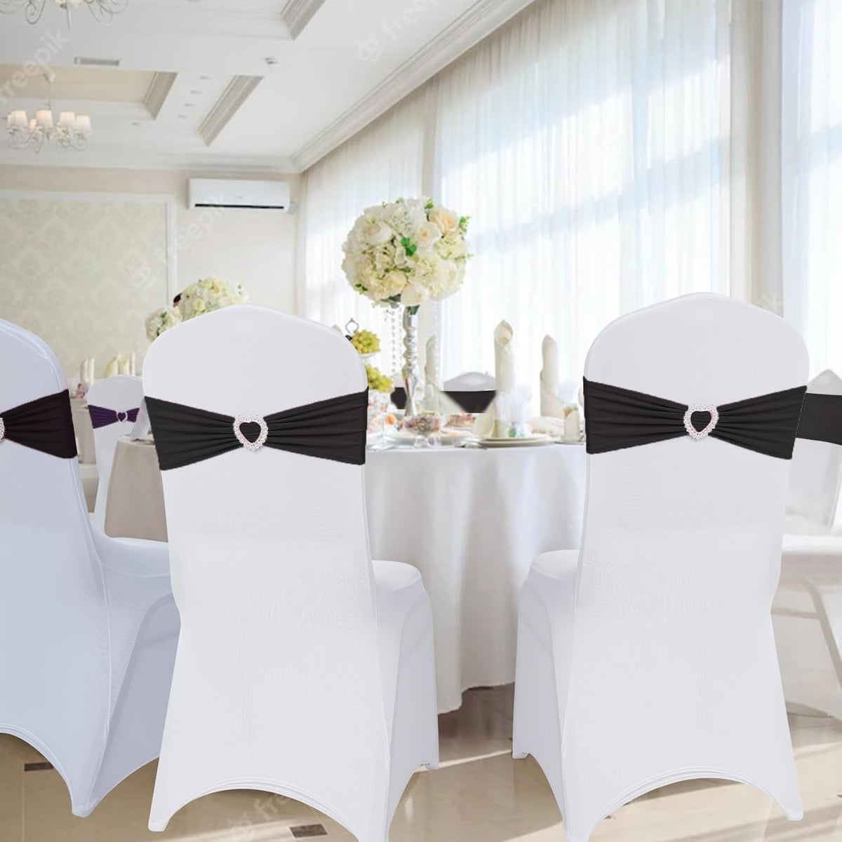Howhic Pack of 30 Spandex Chair Sashes Bows Stretch Chair Cover Band with Buckle Slider Universal Elastic Chair Ties for Wedding Banquet Party Event Decoration (Black)