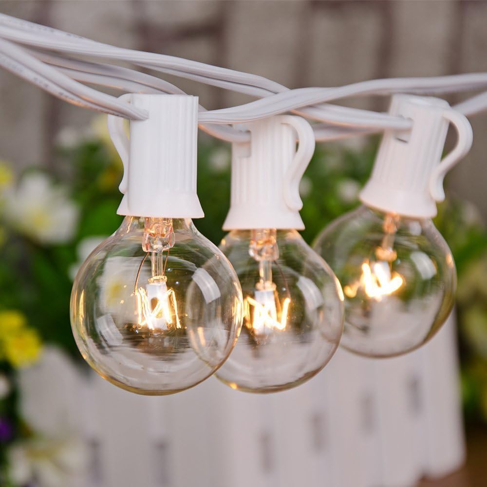 50Ft Outdoor Patio String Lights G40 Connectable Globe Lights with 53 Clear Globe Bulbs(3 Spare), UL Listed Garden Light for Indoor Outdoor Commercial Decor, 50 Hanging Sockets, 5W/E12 Base, White