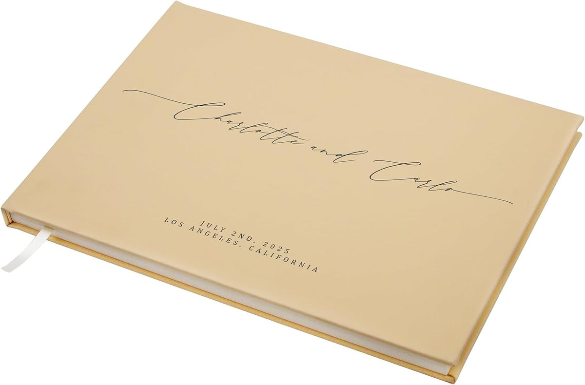 MUUJEE Personalized Guestbook in Butter - Premium Custom Modern Guest Book for Wedding Reception, Birthday Party or Events w/Bookmark Blank Pages for Signing 11.5 x 8.5 inches