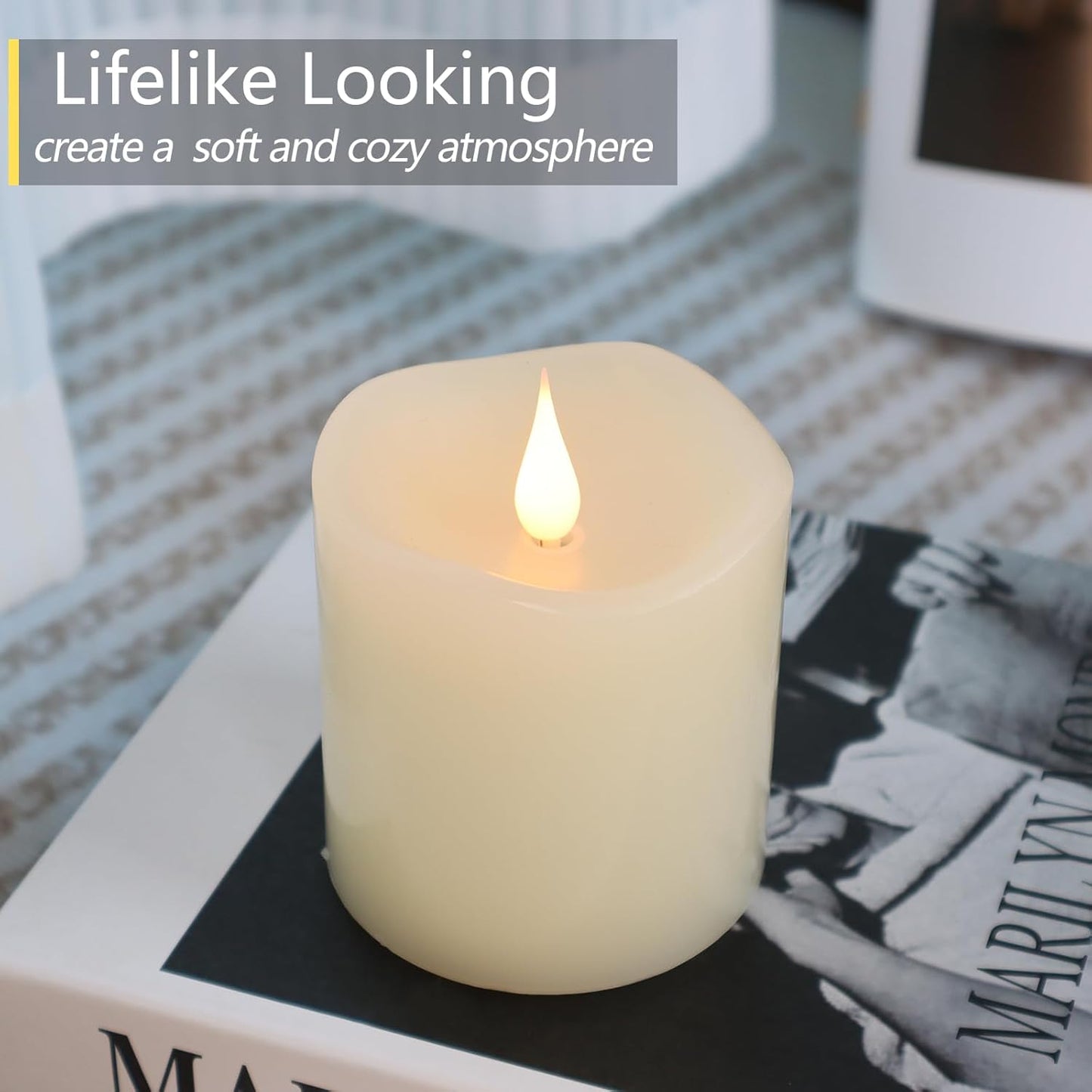 Flameless Candles Battery Operated with Timer, 3D Moving Flame Flickering, Last 600+ Hours Battery Candles, 3" x 5" Ivory Real Wax Electric LED Candle for Wedding Party Decorations