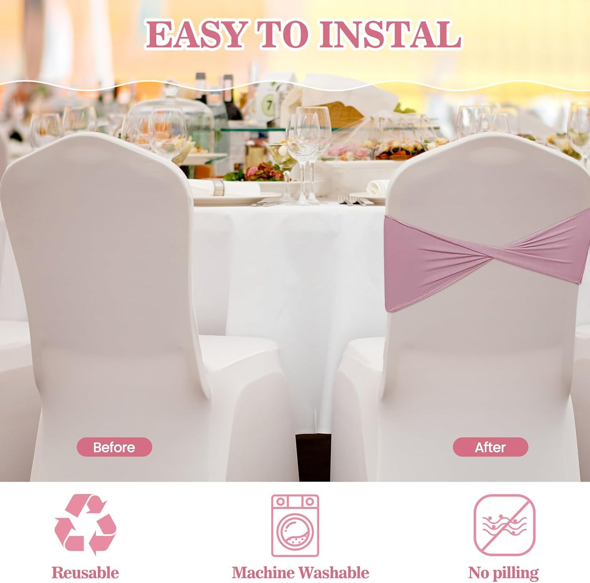 Kinlop 50 Pcs Spandex Chair Sashes Bows Chair Bands Slider Sashes for Covers Elastic Bands Ties Without Buckle Decorations for Wedding Party Events Ceremony Birthday(Dusty Pink)