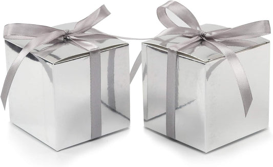 COTOPHER 100pcs Small Gift Boxes, Favor Boxes 2x2x2 inches Paper Gift Boxes with Ribbons Candy Box for Wedding Favors Baby Shower Bridal Shower Birthday Party (100 Metallic Silver)