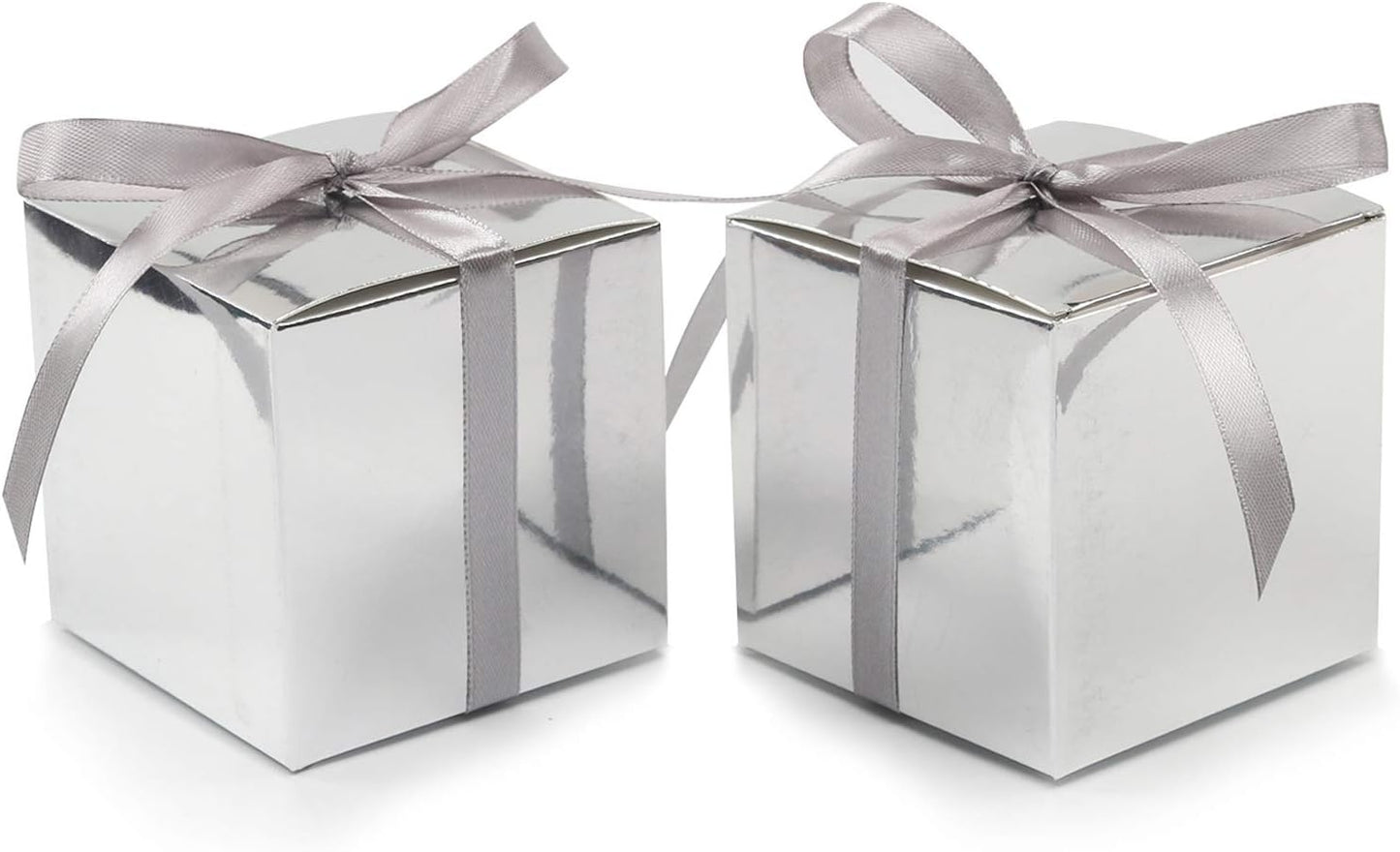 COTOPHER 60pcs Wedding Favor Boxes, Paper Gift Boxes 3x3x3 Inches Small Gift Boxes with Ribbons Small Boxes for Gifts, Crafting, Cupcake, Candy, Bridesmaid Proposal Boxes (Metallic Silver)