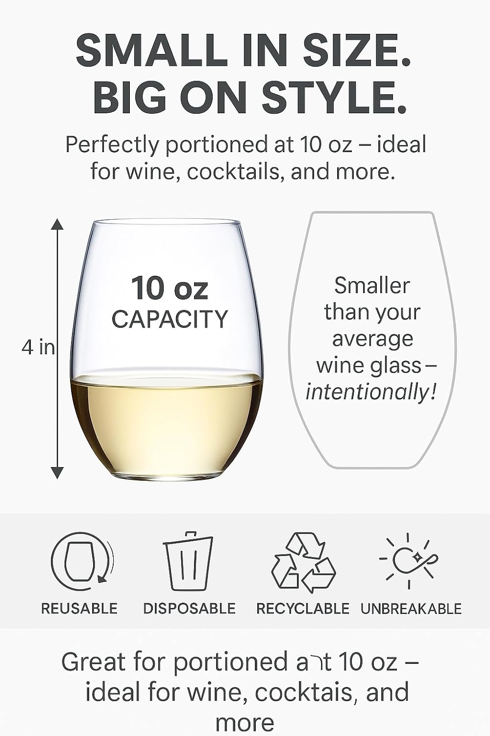 48 piece Stemless Unbreakable Crystal Clear Plastic Wine Glasses Set of 48 Small Size Cups Small(10 Ounces)