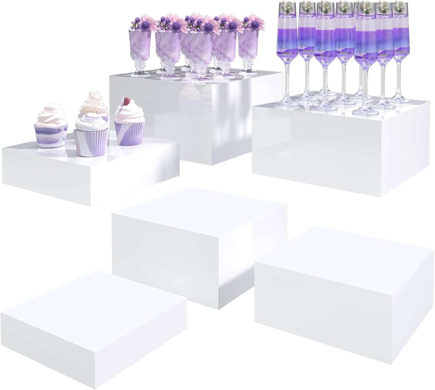 Buffet Risers, Food Display Risers for Party, Glossy White Acrylic Risers Display Stand for Buffet Table, Catering Displays for Dessert, Cube Box Nesting Riser with Hollow Bottoms (8"x9"x10" 6PCS)