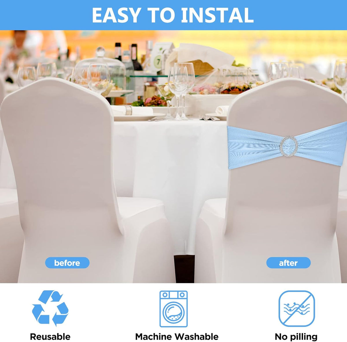 CHENGU 150 Pieces Spandex Stretch Chair Sashes Bows Elastic Chair Cover Bands Ties with Buckle Slider for Wedding Party Reception Events Universal Ceremony Banquet Decorations (Sky Blue)