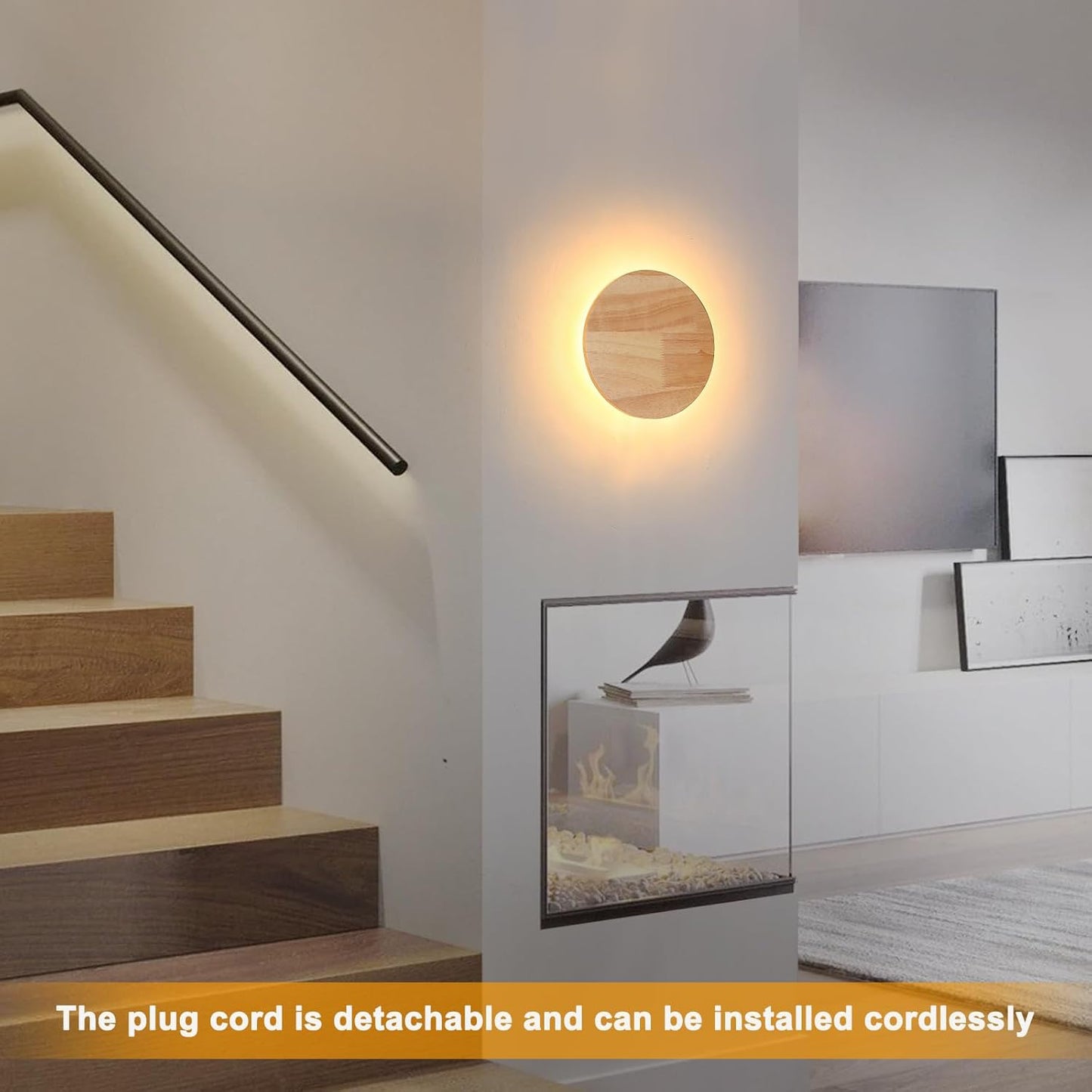 Modern Minimalist Plug in Wall Sconces, Plug-in Or Cordless 7.9'' Round Wood Backlight LED Wall Lamp, 12W, 1300LM Warm White Brightness Wall Light Fixtures for Bedroom, Living Room Wall Décor