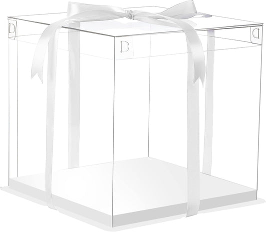 XININSUN 6Pcs Tall Cake Boxes Clear cake Box with Ribbon, 12x12x 10inch,Ideal for Large 10" and 12" Inch Tall Layer Tiered Cakes and Clear Gift Boxes for Wedding Party and Gift Display - White